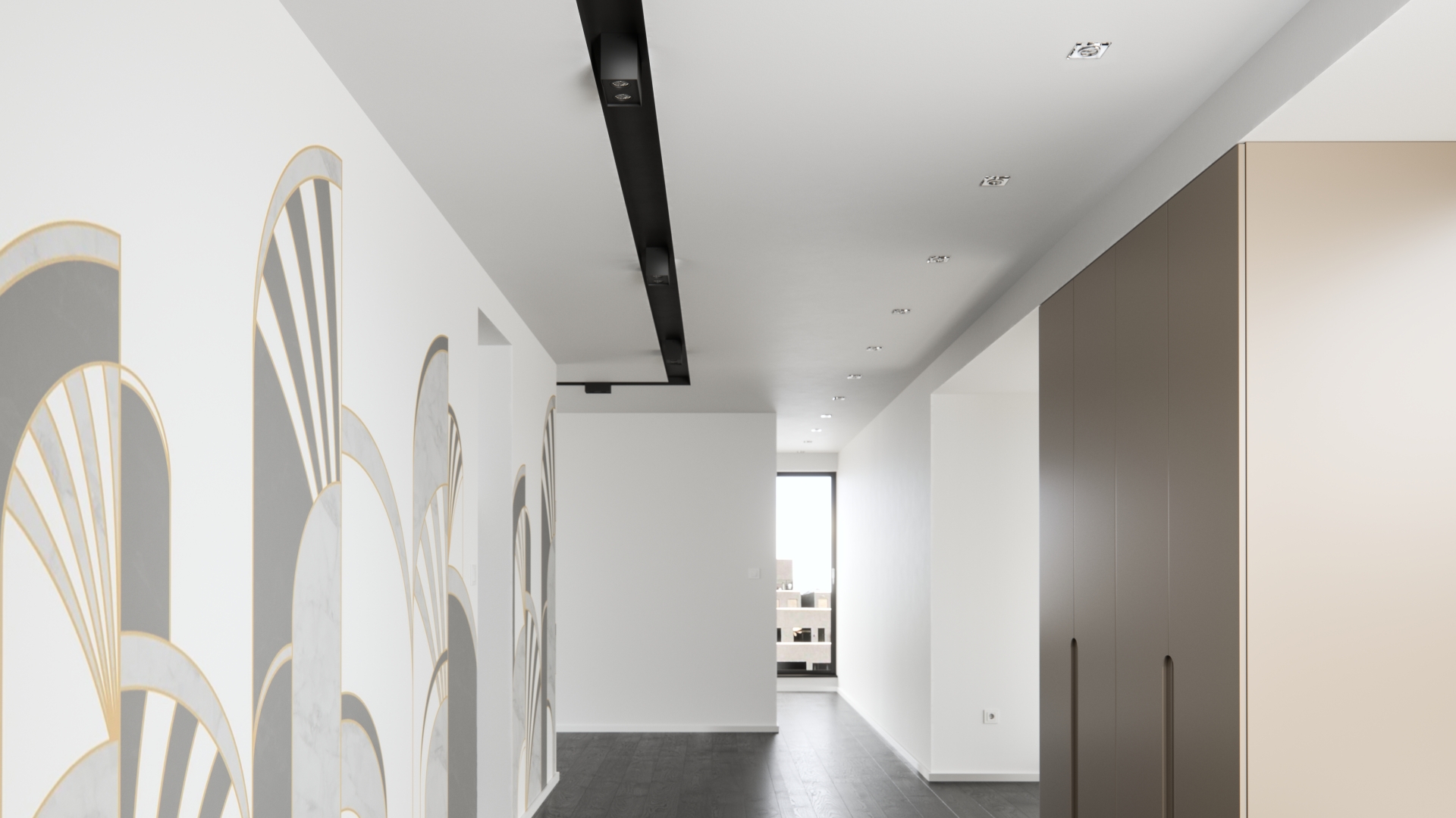 Ceiling fixtures on black and white ceiling