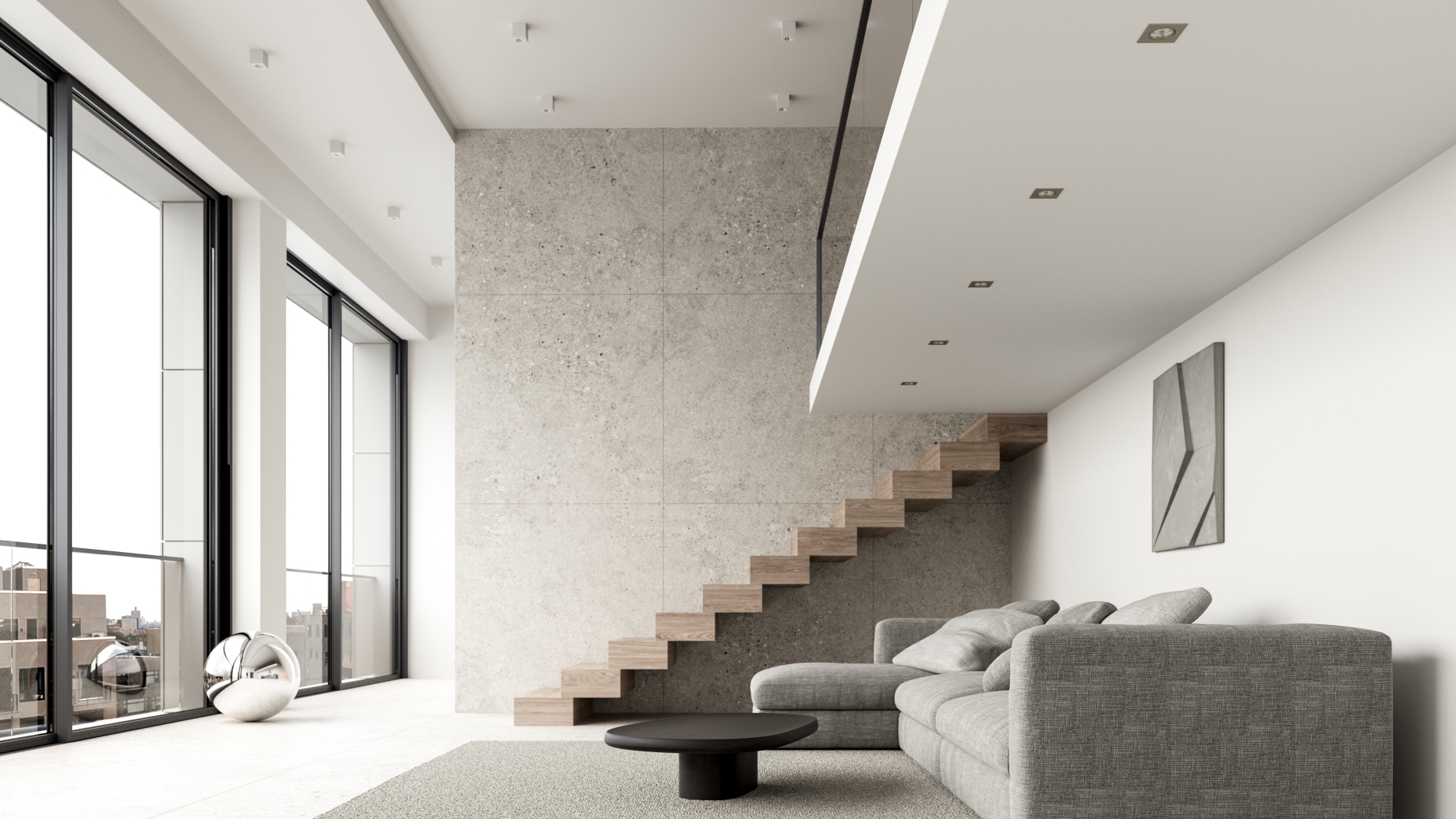 Ceiling fixtures in a large living room